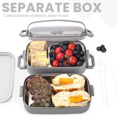 Bento Box Lunchbox 1100 ML,2 in 1 Roestvrij Staal Broodtrommel met 3 Vakken, Duurzame Snackbox met Lepel, Lunchbox voor Volwassenen en Kinderen, Broodtrommel voor School Werk Picknick Reizen