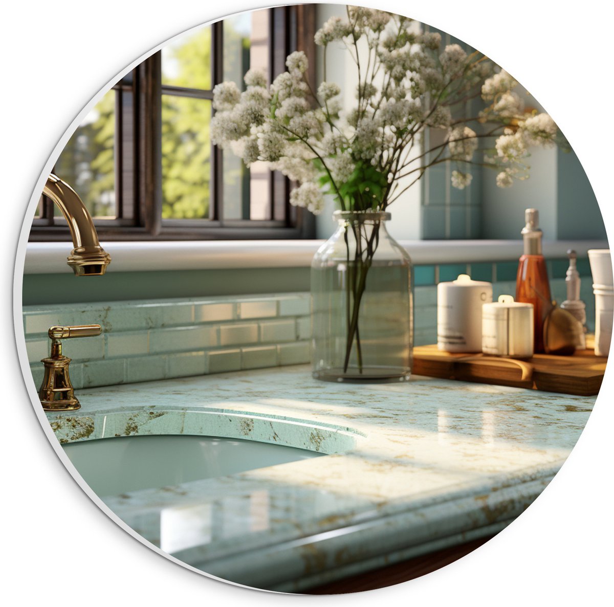 PVC Schuimplaat Muurcirkel - Keuken - Aanrecht - Wasbak - Bloemen - Raam - Kraan - Marmer