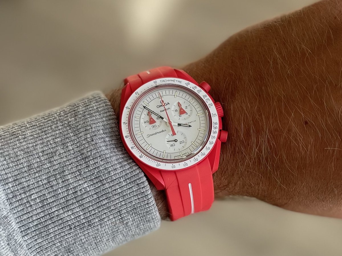 20mm Curved rubber strap Red + White stripe Omega x Swatch Moonswatch - Gebogen rubber horloge band