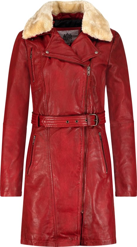 Urban 5884® - Milou - Dames Winter Jas Lang Lams Leren Faux Fur Kraag Trench coat met Riem - Rood- XL