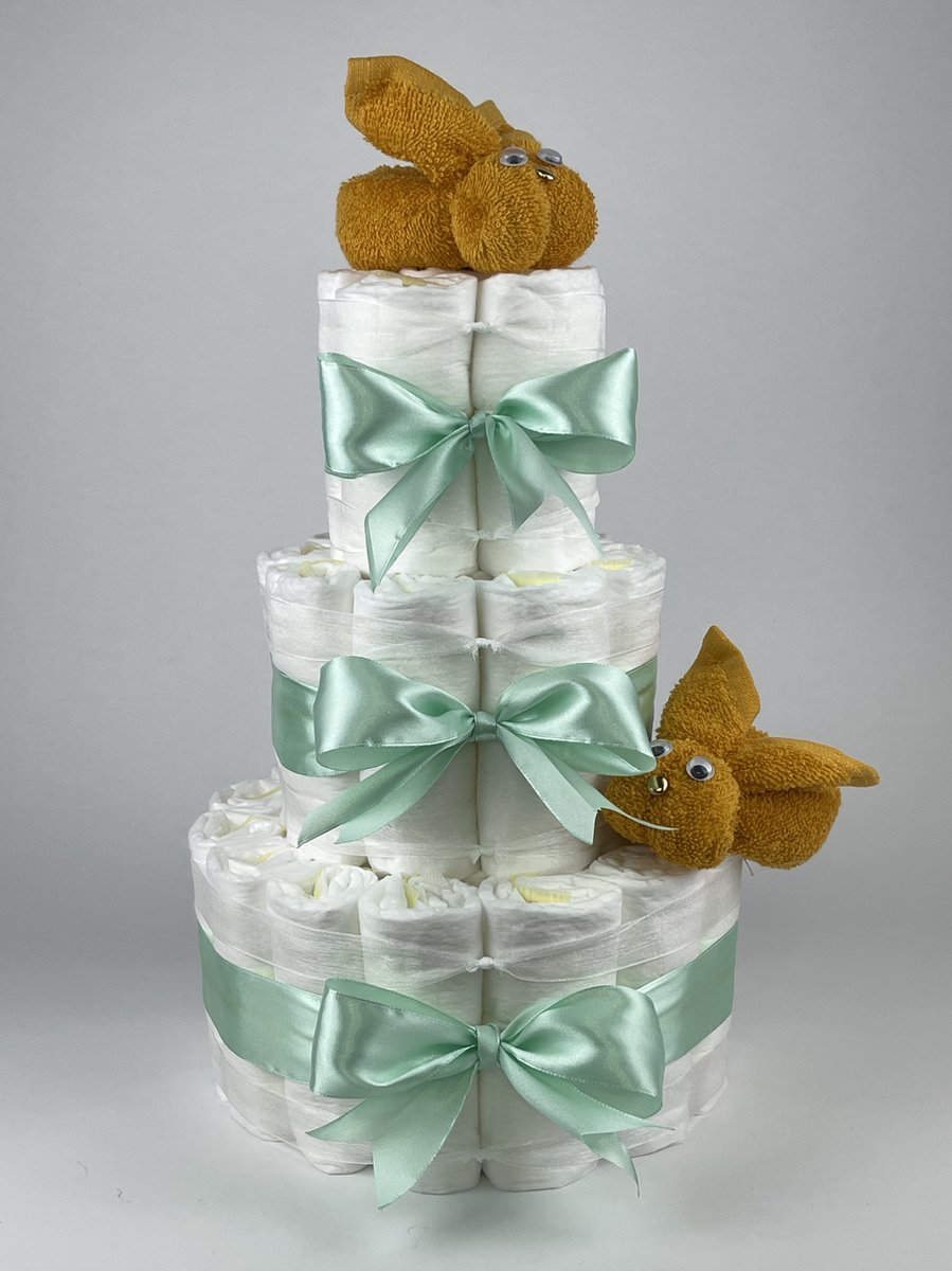 Goedkoopste Chouette-Chouette | Luiertaart Neutraal | Kraamcadeau | Geboorte Jongen Meisje | Babyshower | Konijnen Oker - Groen