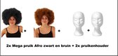 2x Mega pruik Afro zwart en bruin + 2x pruikenhouder - Carnaval disco thema feest afro festival tempex pruik houder