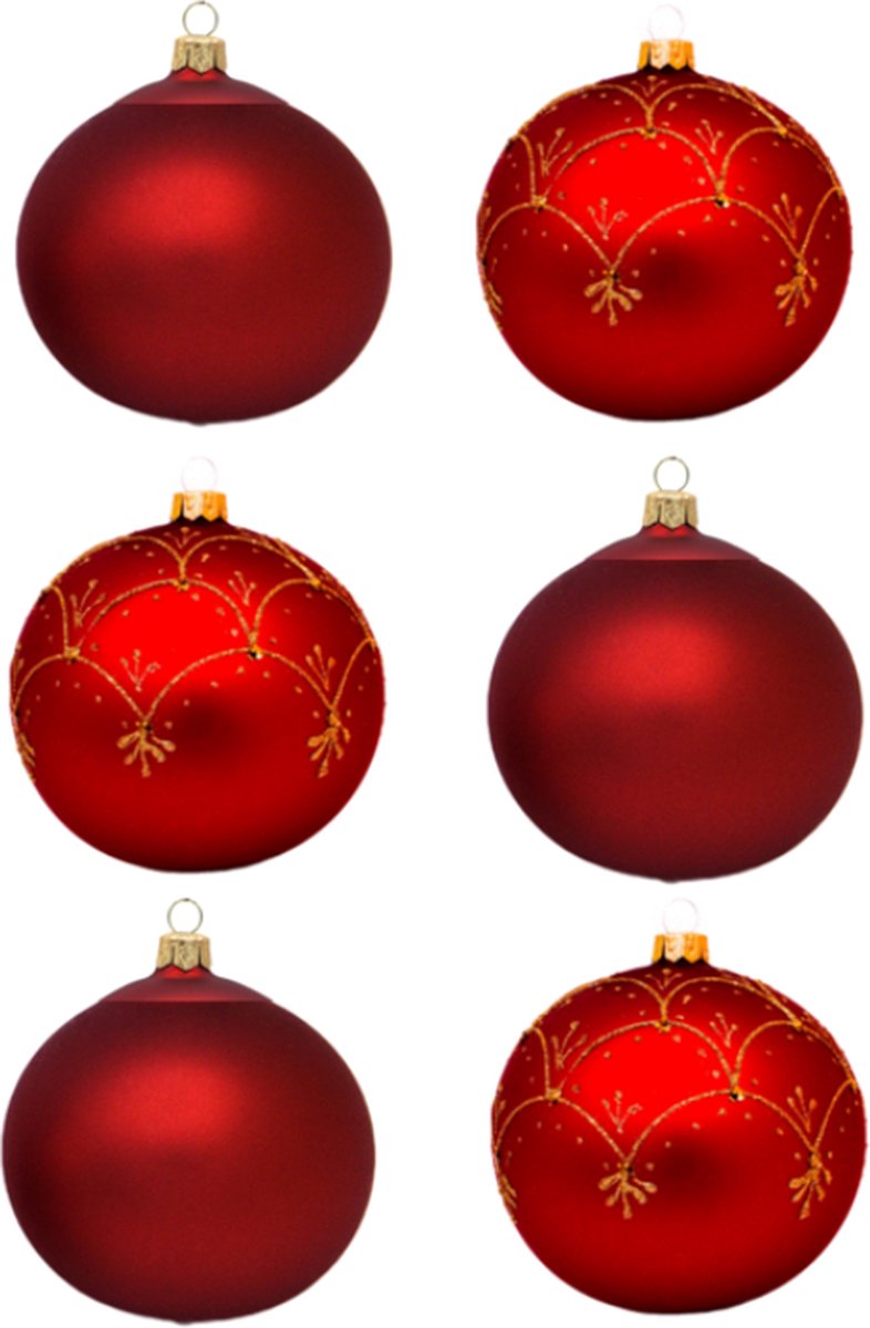 Chique, Rode, Kerstballen met Gouden Glitter Decoratie - Doosje van zes glazen kerstballen van 8 cm