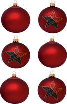 Rode Kerstballen met Geruite Ster en effen mat rood - Doosje met 6 glazen kerstballen