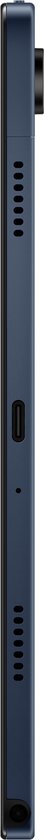 Zijaanzicht van een donkerblauwe Samsung Galaxy Tab A9+ tablet.