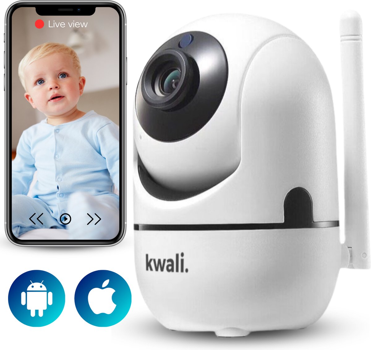 kwali.® Babyfoon met Camera en App (Gratis) - Bidirectionele Audio - Bewegingsdetectie - Nachtvisie - 2.4 & 5 GHz Verbinding - Pro 2024 - Wit - kwali.