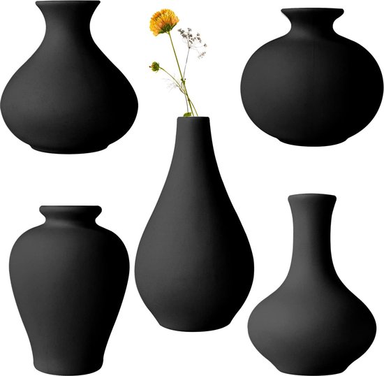 Set de vases en céramique, 5 Mini vases à boutons de fleurs Witte , vases à fleurs pour décoration d'intérieur moderne, vase décoratif pour herbe de pampa, salon, décoration d'étagère, table à manger, bibliothèque, cheminée, entrée ( Zwart)