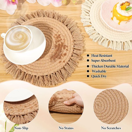 DENUOTOP Ronde Placemat, Wasbare Placemats, Boho Gevlochten Hittebestendige Placemat, 38cm (Set van 8, Bloemenrand, Beige
