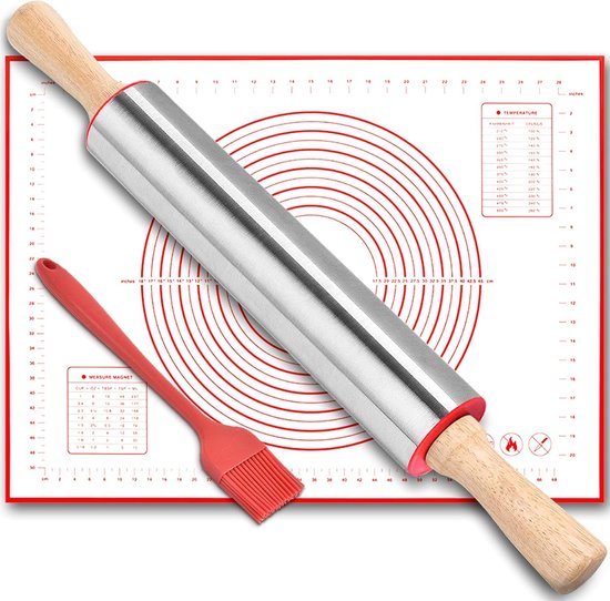 Navaris Wit Marmeren Deegroller met Standaard - Houten Handvatten - Voor Keuken, Bakken, Deeg en Fondant - Gemarmerd Witte Roller