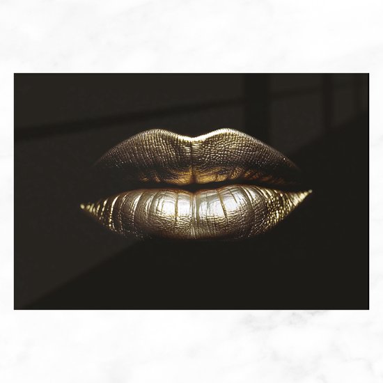 De Muurdecoratie - Glasschilderij - Gouden Lippen Schilderij - Gold Lips - Plexiglas Schilderijen Zwart Goud - Woonkamer Decoratie - 150x100 cm