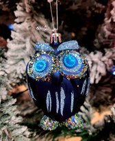 Glitter blauwe kerst ornamenten uiltjes 4 stuks