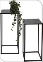 In & Out Deco Plantentafel- Bijzettafel- Set van 2 - Zwart Metaal - Hout Zwart - Hoogte 60 en 50 cm