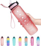 Drinkflessen-1 liter-Drinkfles met rietje-BPA-vrij-Motiverende waterfles met tijdmarkering-Drinkfles-Roze