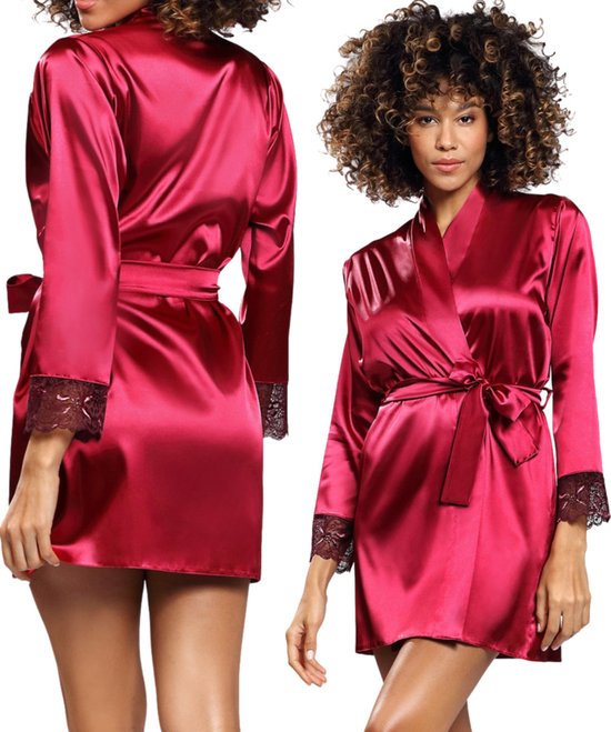 Satijnen kimono met kanten afwerking | DKaren Gosia | bordeaux rood M