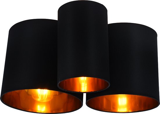 Olucia Franck - Moderne Plafondlamp - 3L - Aluminium/Stof - Zwart;Goud - Rond - 54 cm