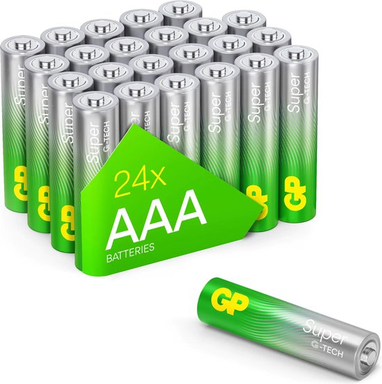 Groene en zilveren AAA-batterijen van GP, met een groene driehoek met '24x AAA BATTERIJEN'.