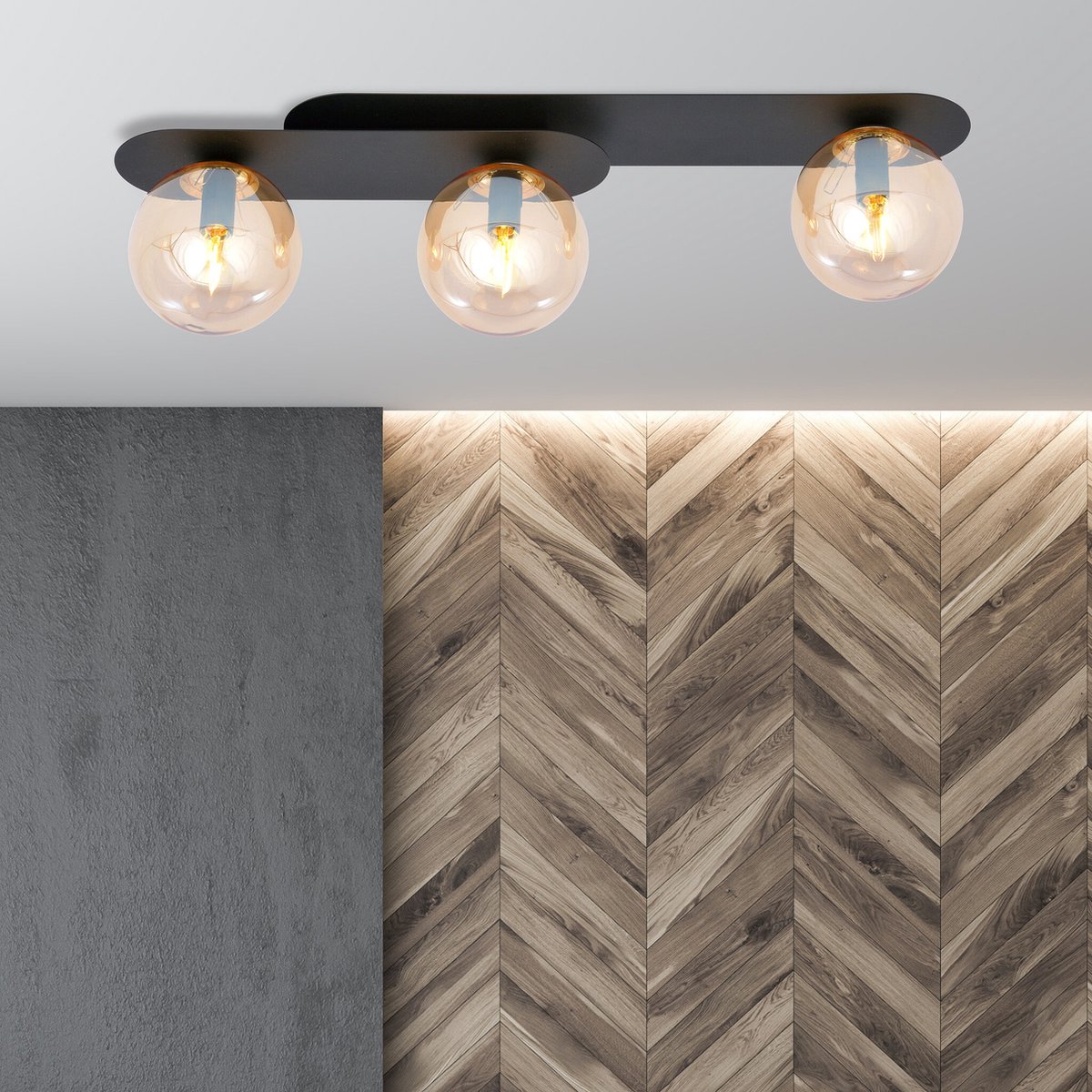 Emibig Randers mooie triple ovalen plafondlamp zwart met 3 amber glazen bollen E14 - Perfecte sfeerverlichting voor elk interieur