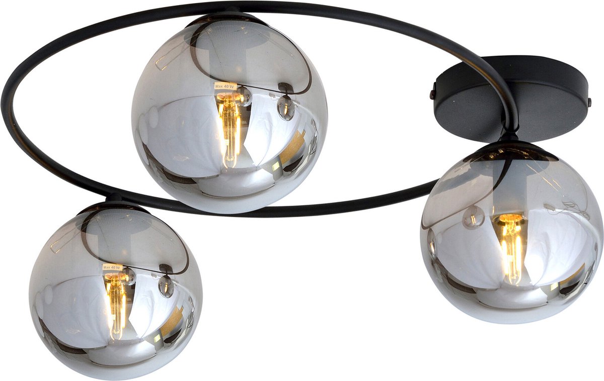 Emibig Stijlvolle plafondlamp 3xE14 zwart met gerookt glas bollen - Elegante verlichting voor elk interieur