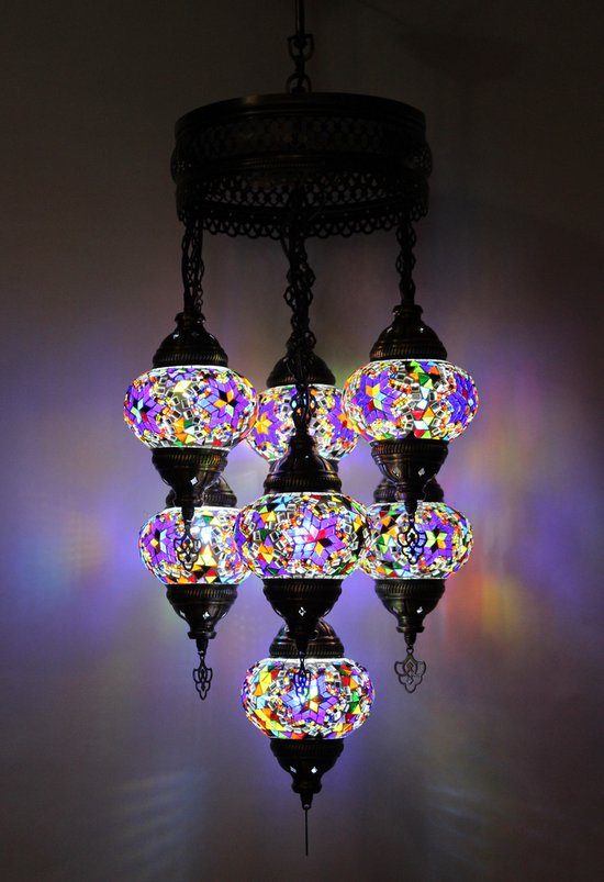 Lampe suspendue turque en mosaïque multicolore à 7 globes en verre, lustre oriental