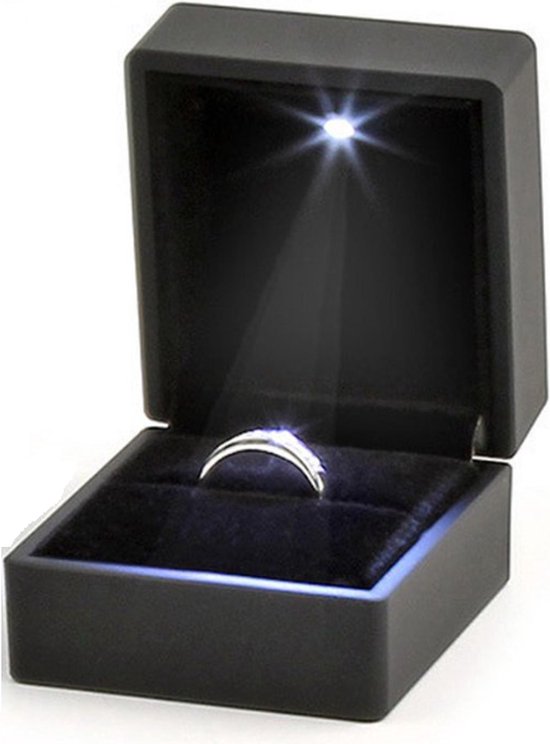 Ringdoosje LED lichtje zwart - aanzoek - bruiloft - verloving - sieradendoos - huwelijksaanzoek - liefde - Valentijnsdag - ring - verlichting - lichtje - met licht