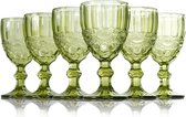 Gekleurde glazen kelk, set van 6 wijnglazen met reliëfontwerp, 10 oz verdikt glazen wijnglas voor het drinken van sap, bruiloftsfeest, wijnglas (Kleur: Groen, Maat: S-vormig)