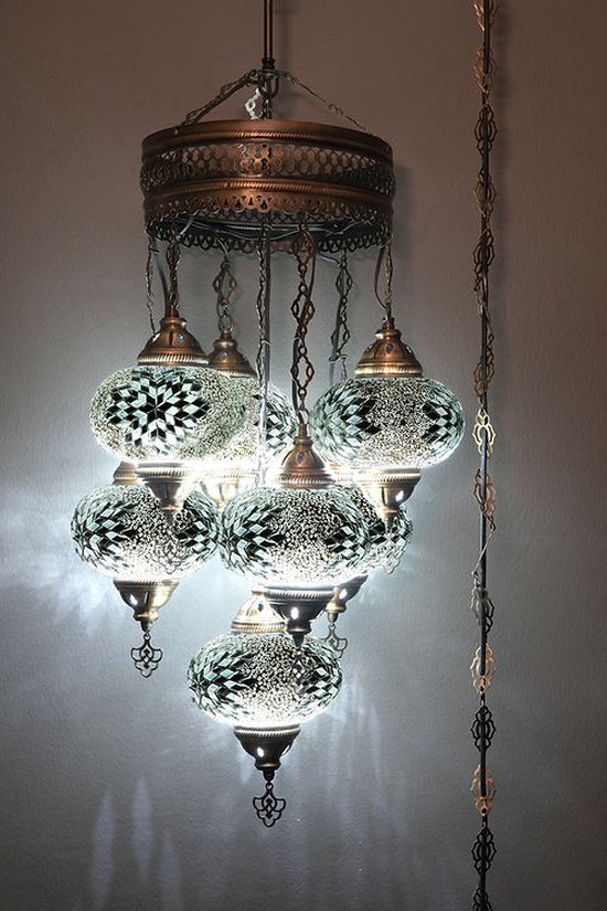 Lampe suspendue turque en mosaïque multicolore en verre à 7 globes, lustre oriental