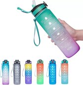 Drinkflessen-1 liter-Drinkfles met rietje-BPA-vrij-Motiverende waterfles met tijdmarkering-Drinkfles-Groen roze