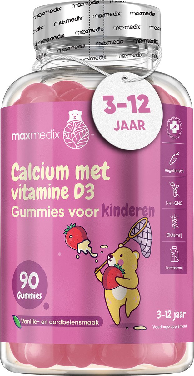 Goedkoopste maxmedix Calcium Gummies met Vitamine D3 voor kinderen - Voor de opbouw van sterke botten van je kind - 90 vegetarische gummies - Natuurlijke vanille- en aardbei smaak