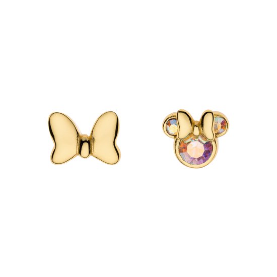Disney 4-DIS024 Boucles d'oreilles Minnie Mouse en argent - Clips d'oreilles Minnie - Bijoux Disney - 7x6,5 mm - Noeud - 6x7,5 mm - 925 - Argent - Cristal arc-en-ciel - Doré