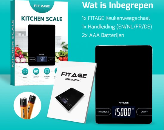 FITAGE Keukenweegschaal - Weegschaal Keuken - Groot en tot 15KG - Precisie Weegschaal - Digitaal - FITAGE