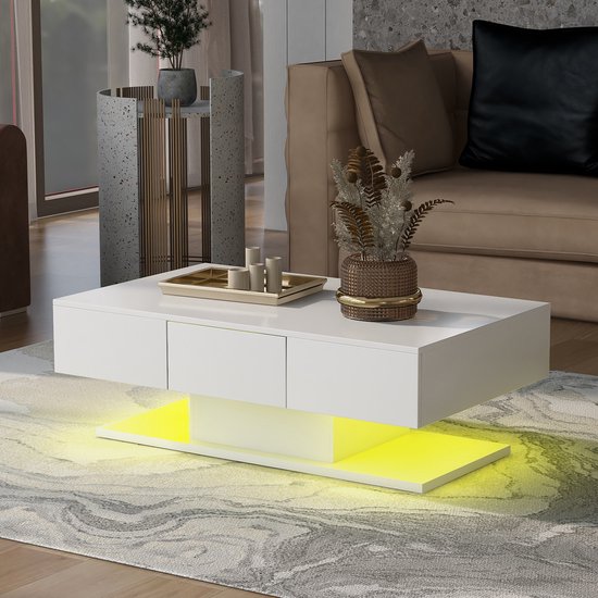 Hoogglans rechthoekige salontafel - 16 LED verlichtingsfunctie met afstandsbediening - moderne theetafel met 2 lades - wit 100x60x35,5cm
