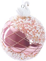BRUBAKER Boule de Noël Premium , Rose avec Figurine Cygne, Boules de Noël de Verres décorées à la Main, 10 Cm, Décorations pour sapins de Noël avec Perles et Paillettes