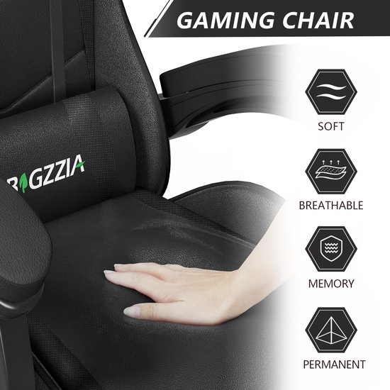 Zwarte gamestoel met zachte, ademende en comfortabele zitting.
