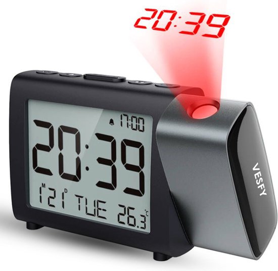 Vesfy Wekker met Projectie en Temperatuur - Snooze-functie - Incl USB Kabel en Adapter - Projectiehoek 180° - Digitale wekker - Thermometer