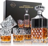 Whiskykaraf en glazenset, loodvrije whiskykarafset, 849 ml kristallen whiskykaraf met 4 glazen 280 ml in geschenkdoos (5 stuks), whiskykarafset voor sterke drank