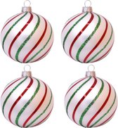 Chique, Witte, Boules de Noël et Lignes Rouge & Vert - Boîte de six boules de Noël en verre 8 cm