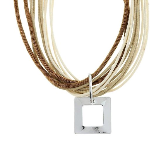 Behave Bruine ketting van touw met meerdere lagen en vierkante zilverkleurige hanger