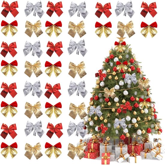 Nœuds De Noël Argentés - Lot De 12, 15x15 Cm, Tissu Pailleté, Pour Sapin, Cadeaux Ou Décoration Mariage