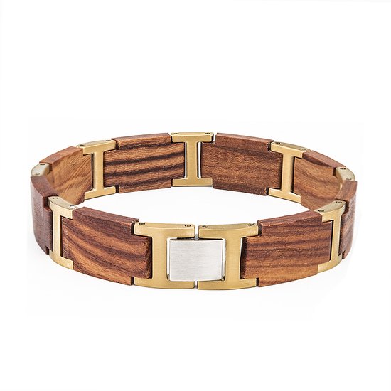 AEH23-S03.3 - Warm mahonie houten Armband, RVS tussenschakels goudkleurig