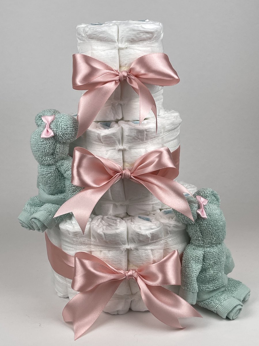 Goedkoopste Chouette-Chouette | Luiertaart Meisje | Kraamcadeau | Geboorte Meisje | Babyshower | Beren Mint groen - donker Poeder Roze