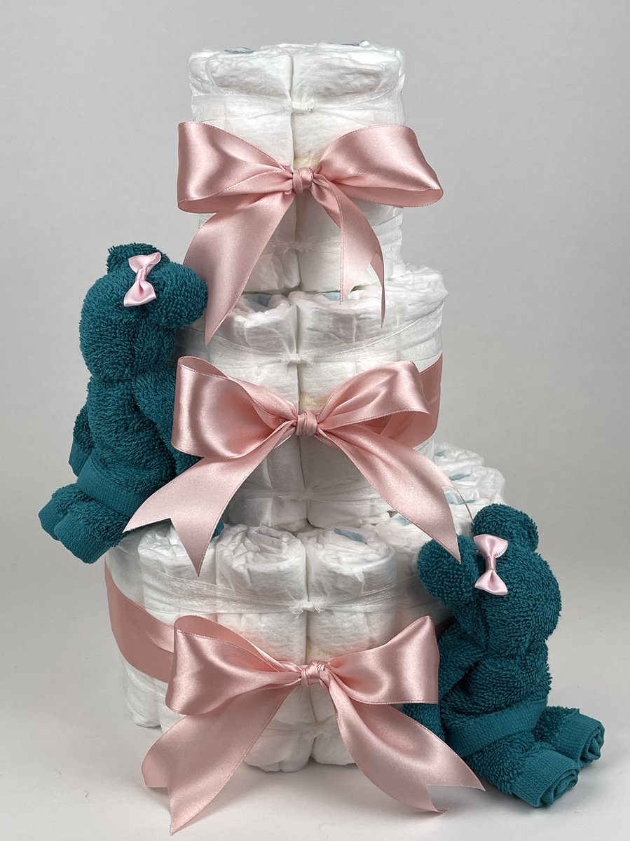 Chouette-Chouette | Luiertaart Meisje | Kraamcadeau | Geboorte Meisje | Babyshower | Beren Lake groen - donker Poeder Roze