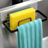 Sponge Holder Kitchen - Dish Cloth Holder Self-Adhesive, Kitchen Sink Organiser Dish Cloth Holder, 2 in 1 Kitchen Drain Shelf Sink for Sponge, Brush, Sink Stopper and Cloths, Black
