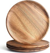 Wooden Plates, Acacia Wood Dinner Plates, Round Serving Tray or Serving Plate, All Natural Placements, Table Decoration, Set of 4, 25 cm Wooden Plates, Housewarming Gift