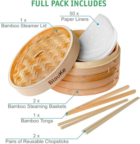 Bamboe Stoomboot - 25 cm met 2 lagen bamboe stoommandjes met deksel - 2 paar eetstokjes, tang, 50 papieren inzetstukken - Bamboe stoomboot voor knoedels, groenten, rijst, vlees - 