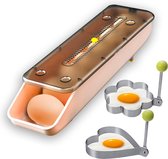 Eierhouder voor de koelkast - stapelbare eierdoos, automatisch scrollende eierhouder met deksel - eierhouder van kunststof, eierbewaardoos met 2 spiegeleivormpjes voor de keuken