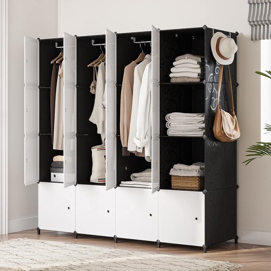 DIY Wardrobe Shelf System, Wardrobe Organiser, Portable Wardrobe for Hanging, Space-saving Wardrobes, for Living Room, Children's Room, Bedroom, 16 Cubes