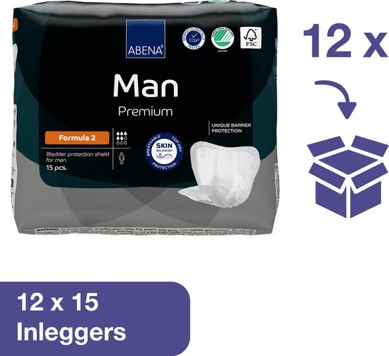 Een verpakking ABENA Man Premium Formula 2 incontinentieverbanden, met vermelding '12 x 15 Inleggers'.