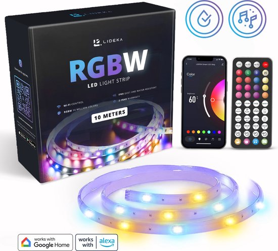 Lideka® - RGBW LED Strip Warm en Koud Wit 10 Meter (2x5) - Zelfklevend met afstandsbediening En App - Smart LED Strip - Compatible met Google Home, Amazon Alexa En Siri