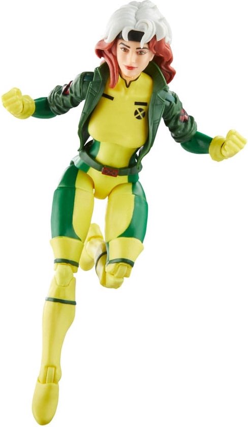 Figurine d'action Marvel's Rogue avec combinaison jaune et verte, veste vert foncé, cheveux roux et bandeau blanc, en posture de marche.