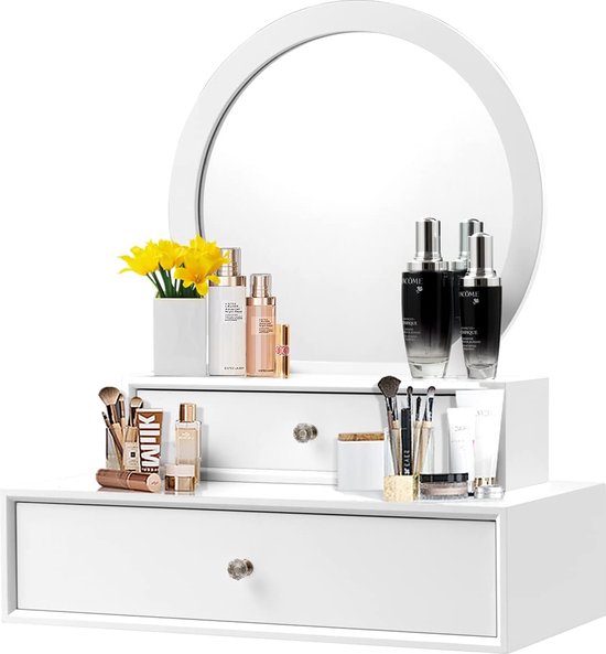 Hedendaags Make-up Bureau met Brede Spiegel met Verlichting, 6 Laden, Wit Niet-Glas Bovenblad, Make-up Bureau voor Slaapkamer